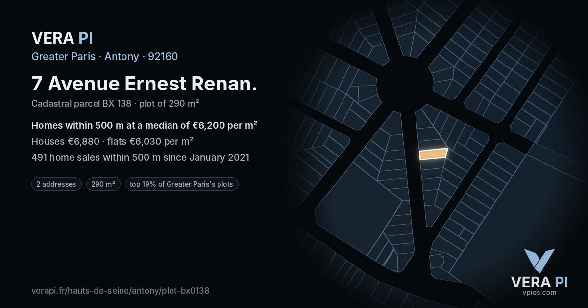 7 Avenue Ernest Renan, Antony at night – the plot lit, the parcels around coloured by the prices near them