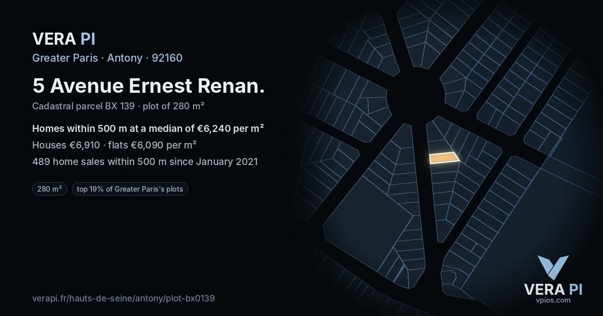 5 Avenue Ernest Renan, Antony at night – the plot lit, the parcels around coloured by the prices near them