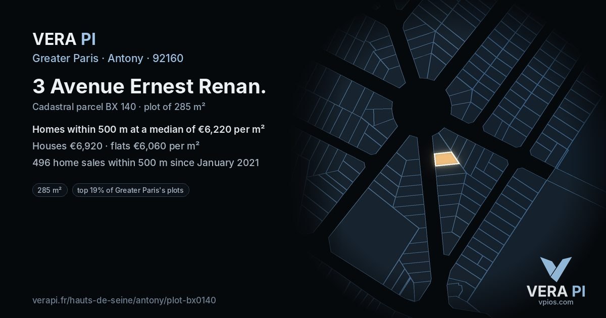 3 Avenue Ernest Renan, Antony at night – the plot lit, the parcels around coloured by the prices near them