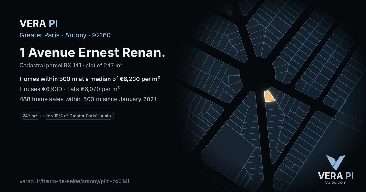1 Avenue Ernest Renan, Antony at night – the plot lit, the parcels around coloured by the prices near them