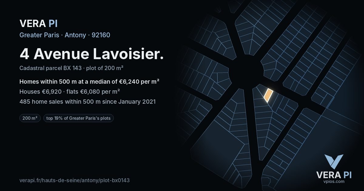 4 Avenue Lavoisier, Antony at night – the plot lit, the parcels around coloured by the prices near them