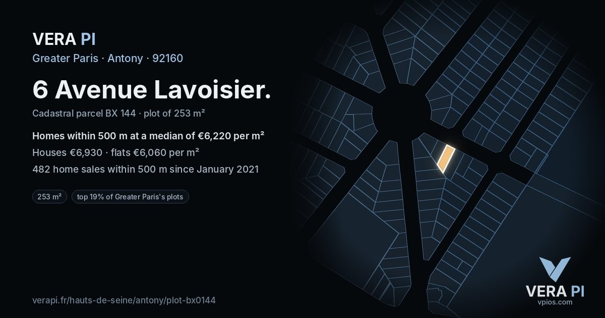 6 Avenue Lavoisier, Antony at night – the plot lit, the parcels around coloured by the prices near them