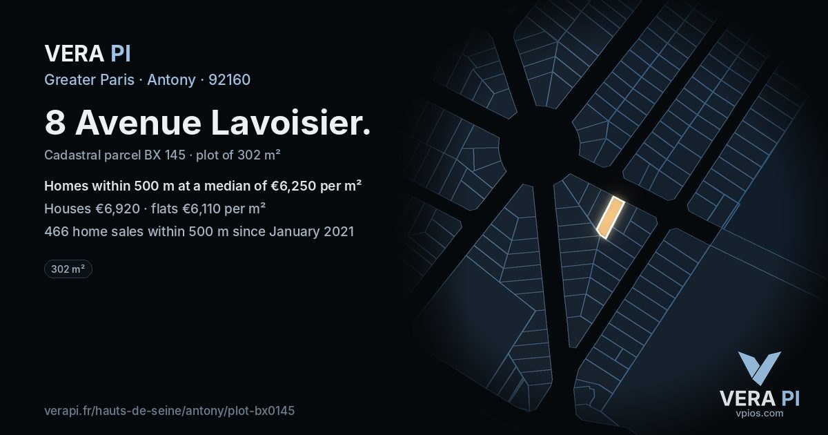 8 Avenue Lavoisier, Antony at night – the plot lit, the parcels around coloured by the prices near them