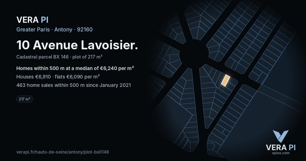 10 Avenue Lavoisier, Antony at night – the plot lit, the parcels around coloured by the prices near them