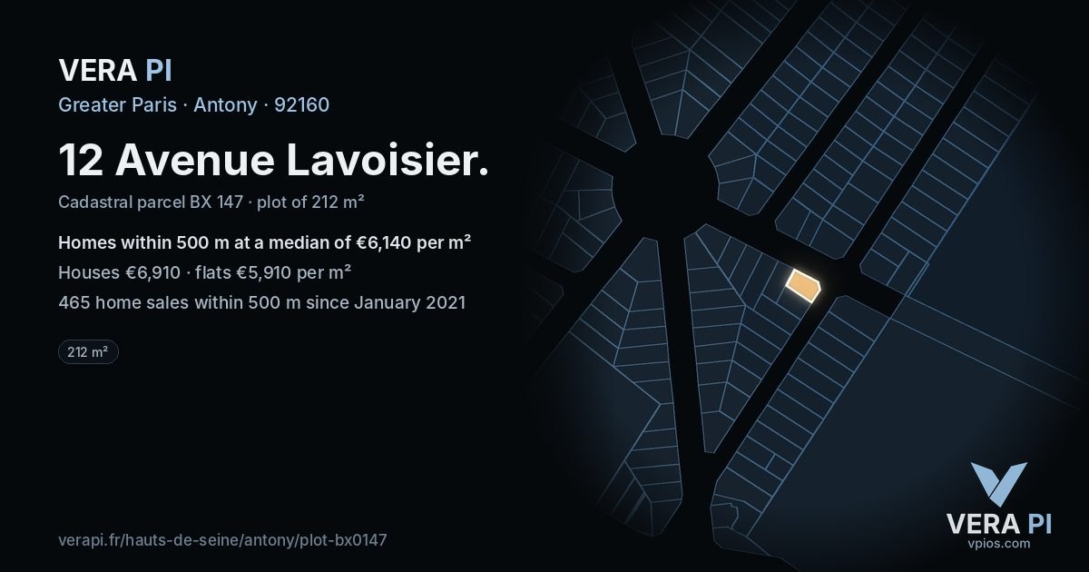12 Avenue Lavoisier, Antony at night – the plot lit, the parcels around coloured by the prices near them