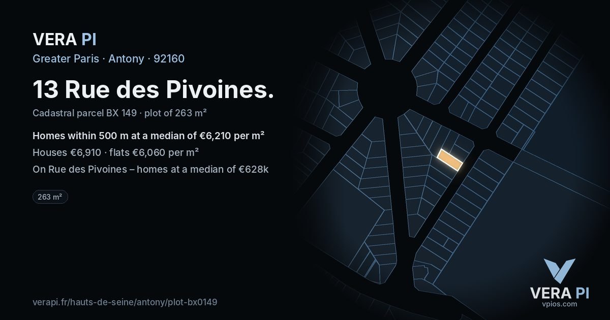 13 Rue des Pivoines, Antony at night – the plot lit, the parcels around coloured by the prices near them