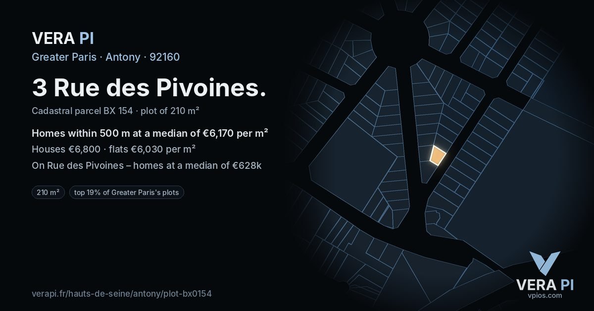 3 Rue des Pivoines, Antony at night – the plot lit, the parcels around coloured by the prices near them