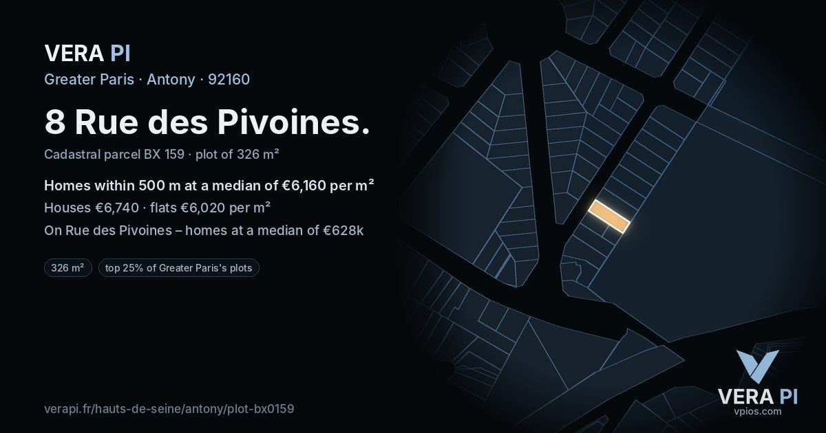 8 Rue des Pivoines, Antony at night – the plot lit, the parcels around coloured by the prices near them
