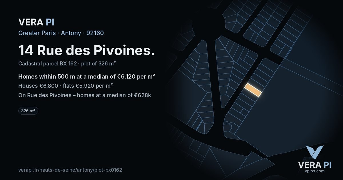 14 Rue des Pivoines, Antony at night – the plot lit, the parcels around coloured by the prices near them