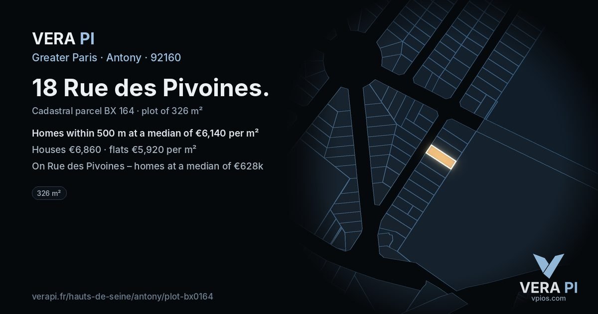 18 Rue des Pivoines, Antony at night – the plot lit, the parcels around coloured by the prices near them