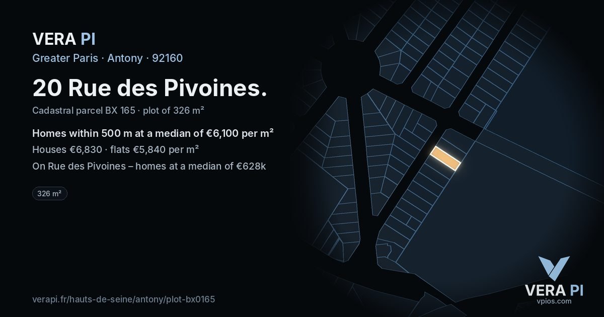 20 Rue des Pivoines, Antony at night – the plot lit, the parcels around coloured by the prices near them