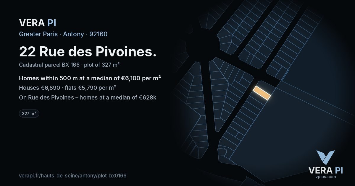22 Rue des Pivoines, Antony at night – the plot lit, the parcels around coloured by the prices near them