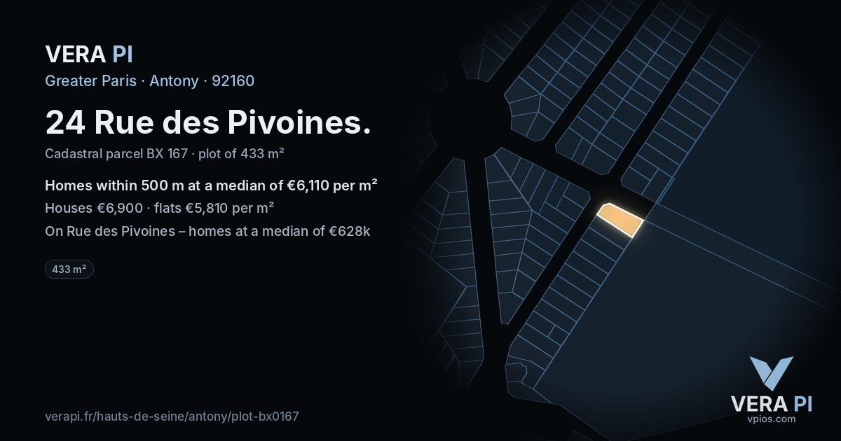 24 Rue des Pivoines, Antony at night – the plot lit, the parcels around coloured by the prices near them