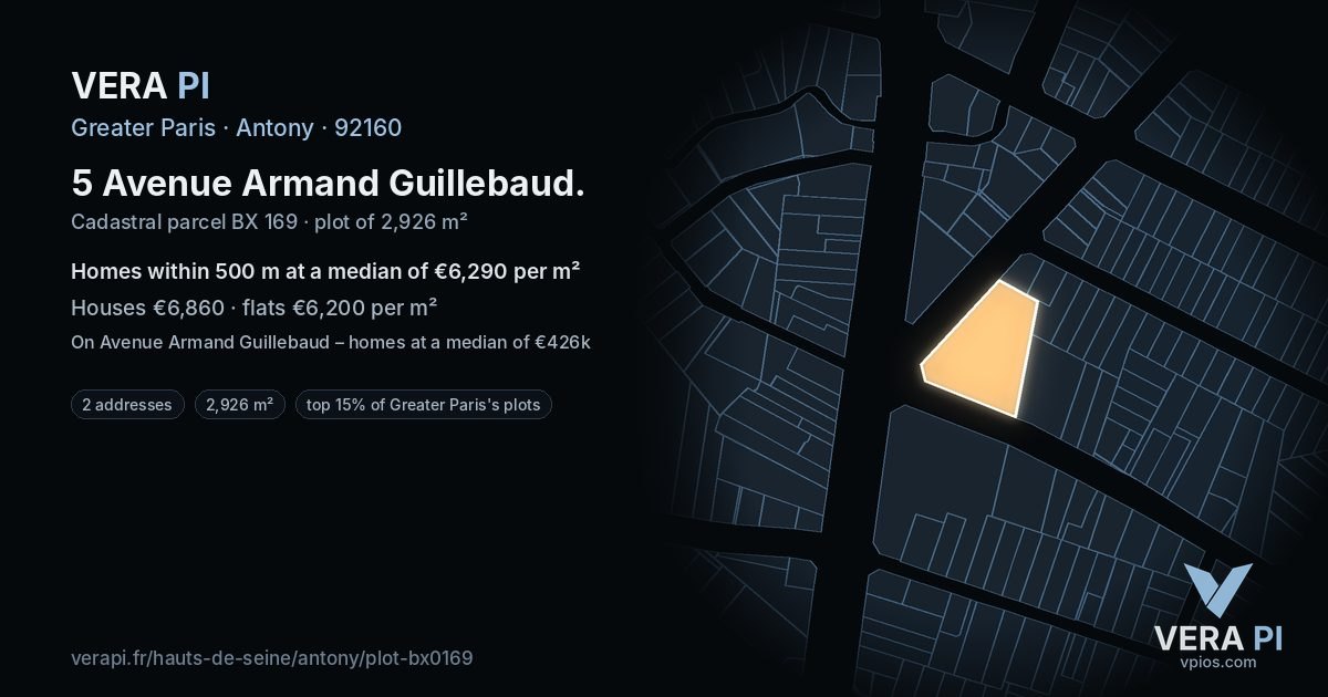 5 Avenue Armand Guillebaud, Antony at night – the plot lit, the parcels around coloured by the prices near them