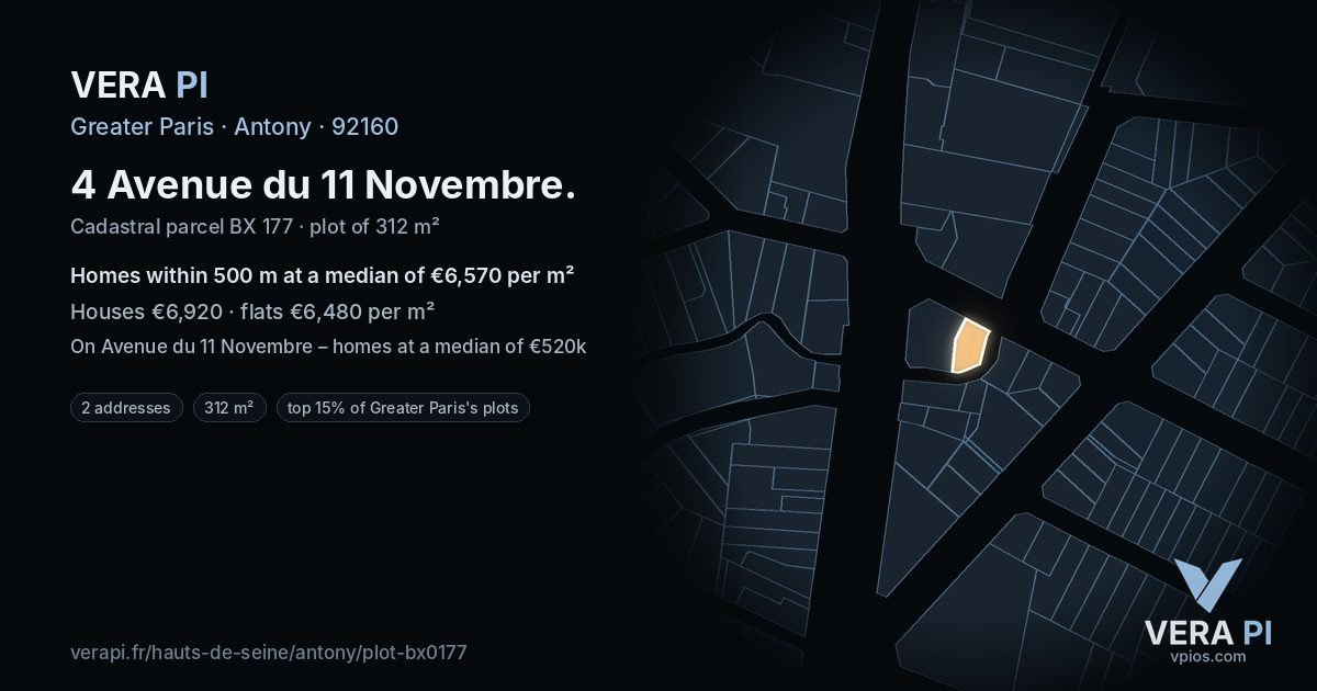 4 Avenue du 11 Novembre, Antony at night – the plot lit, the parcels around coloured by the prices near them