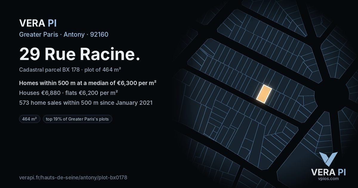 29 Rue Racine, Antony at night – the plot lit, the parcels around coloured by the prices near them