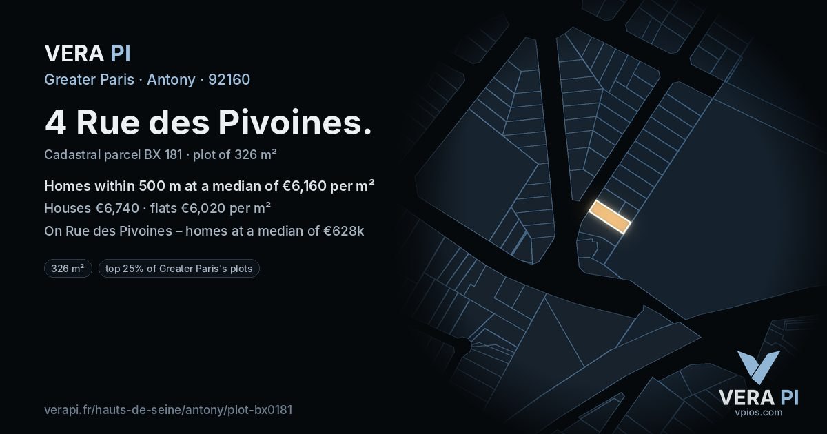 4 Rue des Pivoines, Antony at night – the plot lit, the parcels around coloured by the prices near them
