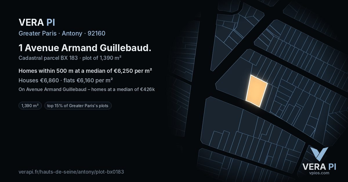 1 Avenue Armand Guillebaud, Antony at night – the plot lit, the parcels around coloured by the prices near them
