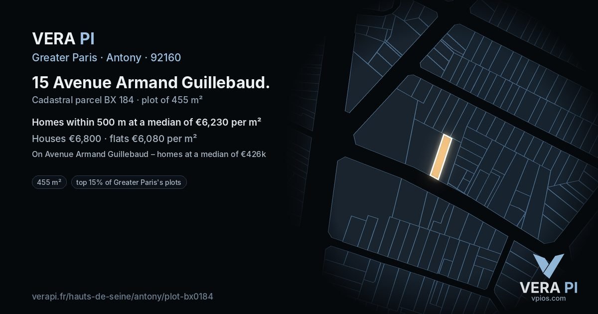 15 Avenue Armand Guillebaud, Antony at night – the plot lit, the parcels around coloured by the prices near them