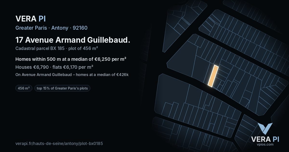 17 Avenue Armand Guillebaud, Antony at night – the plot lit, the parcels around coloured by the prices near them