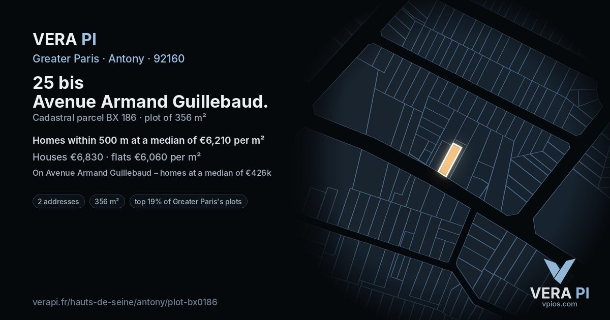 25 bis Avenue Armand Guillebaud, Antony at night – the plot lit, the parcels around coloured by the prices near them