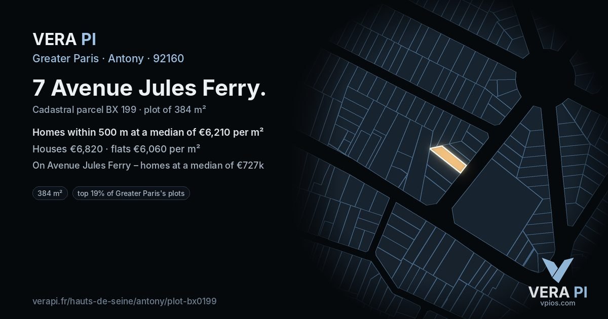 7 Avenue Jules Ferry, Antony at night – the plot lit, the parcels around coloured by the prices near them