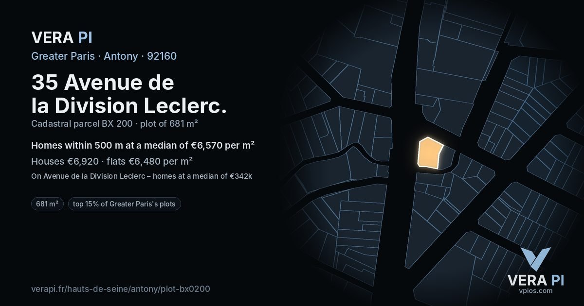 35 Avenue de la Division Leclerc, Antony at night – the plot lit, the parcels around coloured by the prices near them
