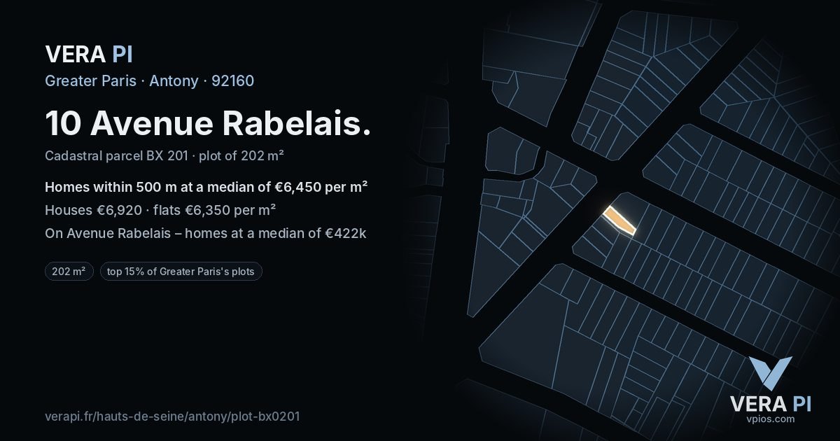 10 Avenue Rabelais, Antony at night – the plot lit, the parcels around coloured by the prices near them