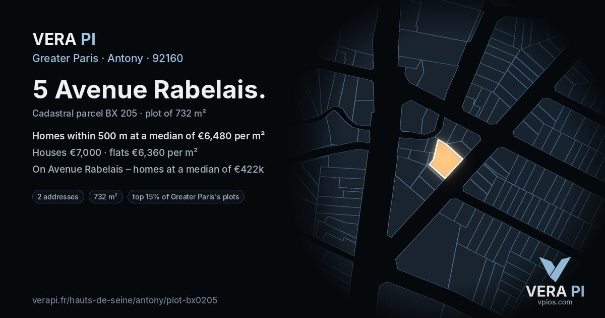 5 Avenue Rabelais, Antony at night – the plot lit, the parcels around coloured by the prices near them