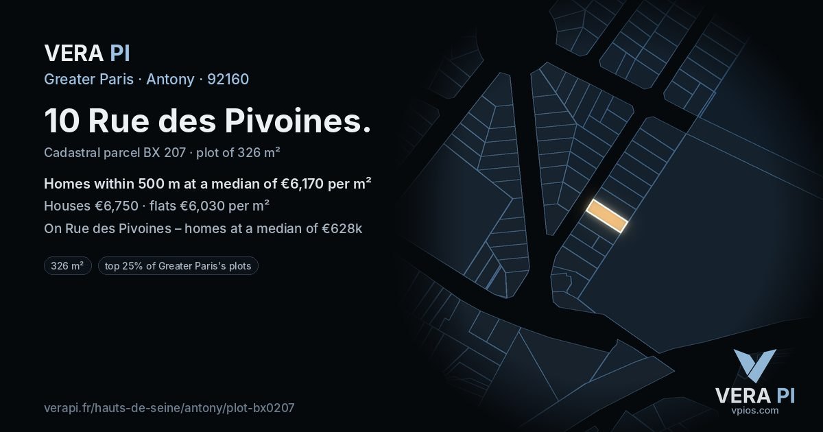 10 Rue des Pivoines, Antony at night – the plot lit, the parcels around coloured by the prices near them