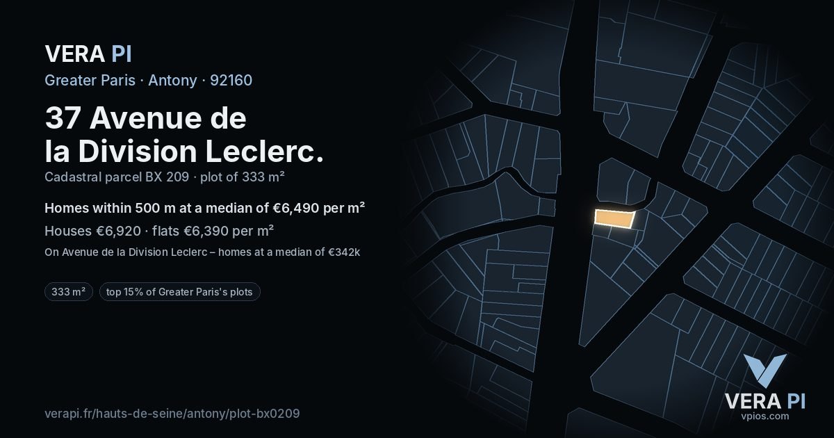 37 Avenue de la Division Leclerc, Antony at night – the plot lit, the parcels around coloured by the prices near them
