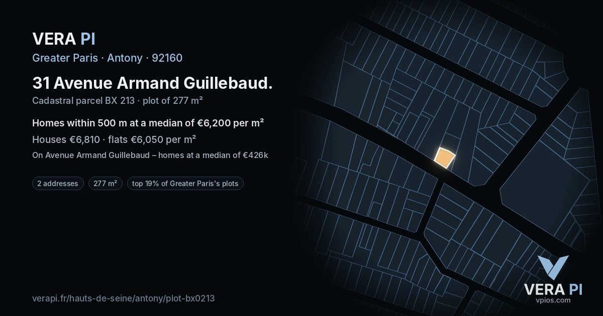 31 Avenue Armand Guillebaud, Antony at night – the plot lit, the parcels around coloured by the prices near them