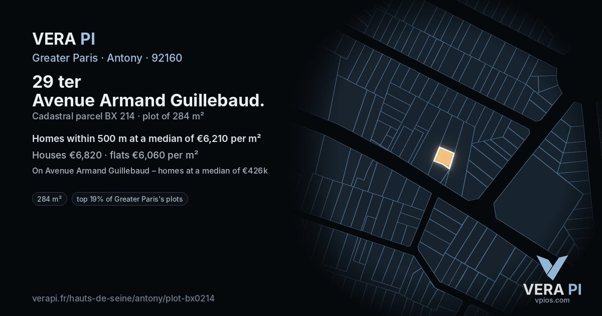 29 ter Avenue Armand Guillebaud, Antony at night – the plot lit, the parcels around coloured by the prices near them