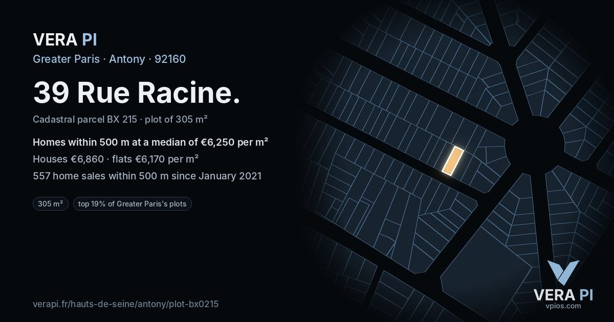 39 Rue Racine, Antony at night – the plot lit, the parcels around coloured by the prices near them