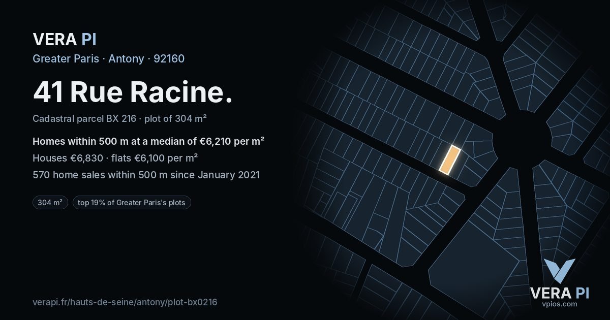 41 Rue Racine, Antony at night – the plot lit, the parcels around coloured by the prices near them