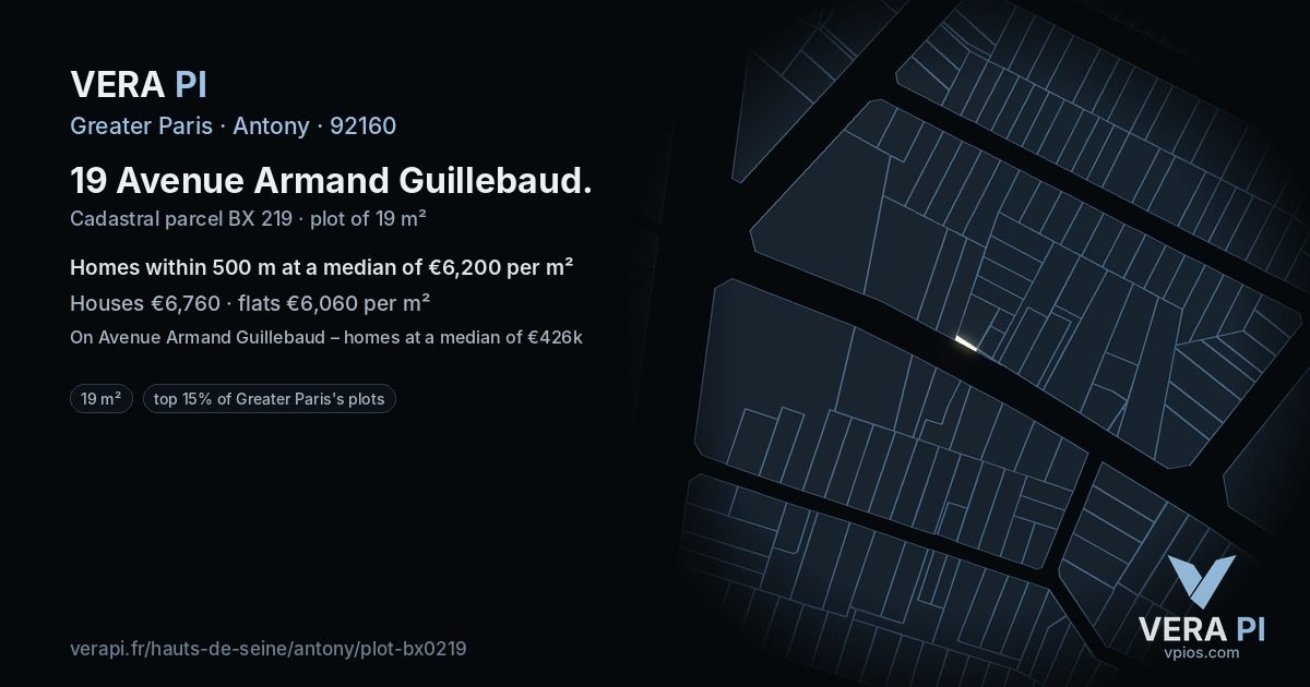 19 Avenue Armand Guillebaud, Antony at night – the plot lit, the parcels around coloured by the prices near them