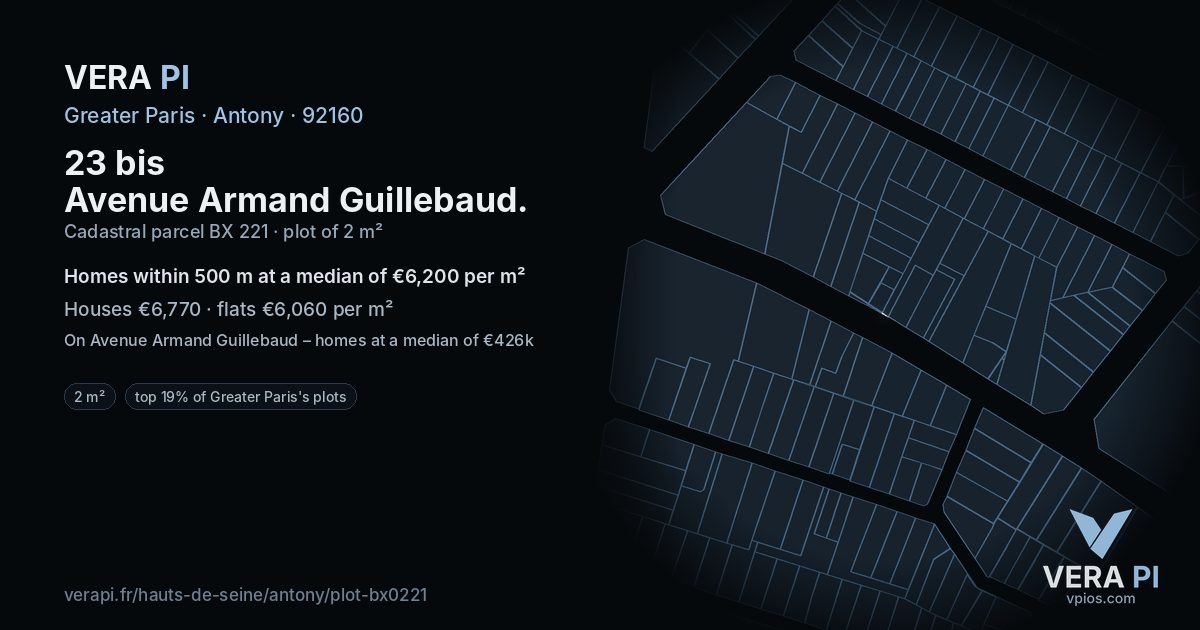 23 bis Avenue Armand Guillebaud, Antony at night – the plot lit, the parcels around coloured by the prices near them