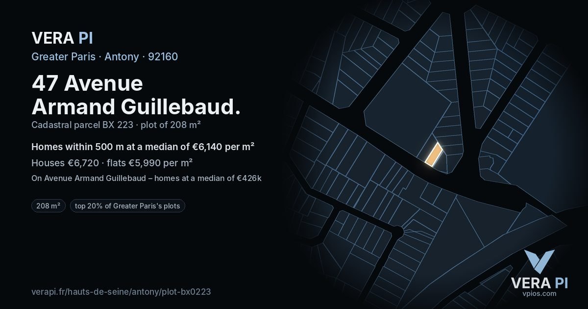 47 Avenue Armand Guillebaud, Antony at night – the plot lit, the parcels around coloured by the prices near them