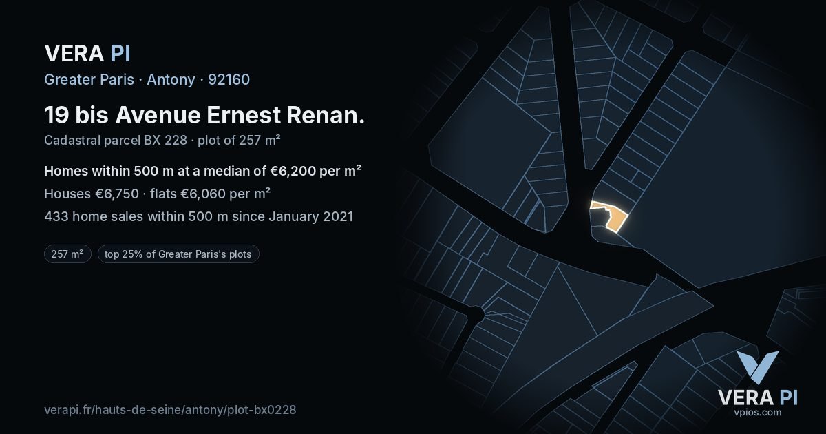 19 bis Avenue Ernest Renan, Antony at night – the plot lit, the parcels around coloured by the prices near them