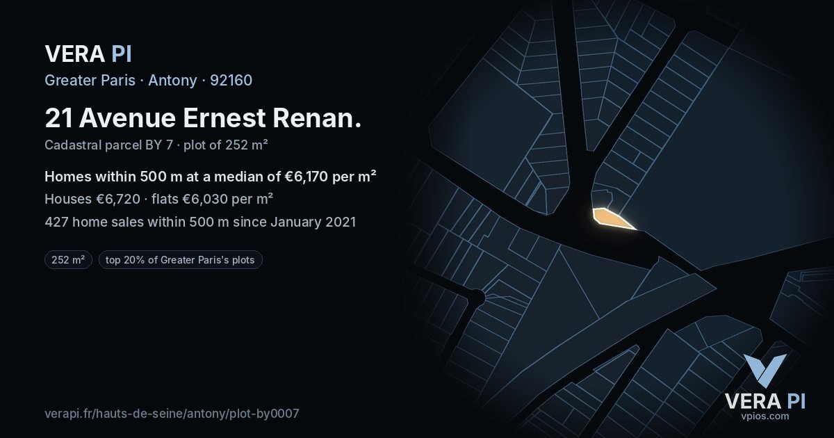 21 Avenue Ernest Renan, Antony at night – the plot lit, the parcels around coloured by the prices near them