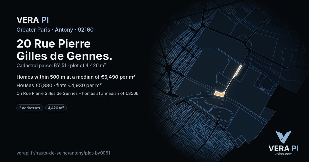 20 Rue Pierre Gilles de Gennes, Antony at night – the plot lit, the parcels around coloured by the prices near them