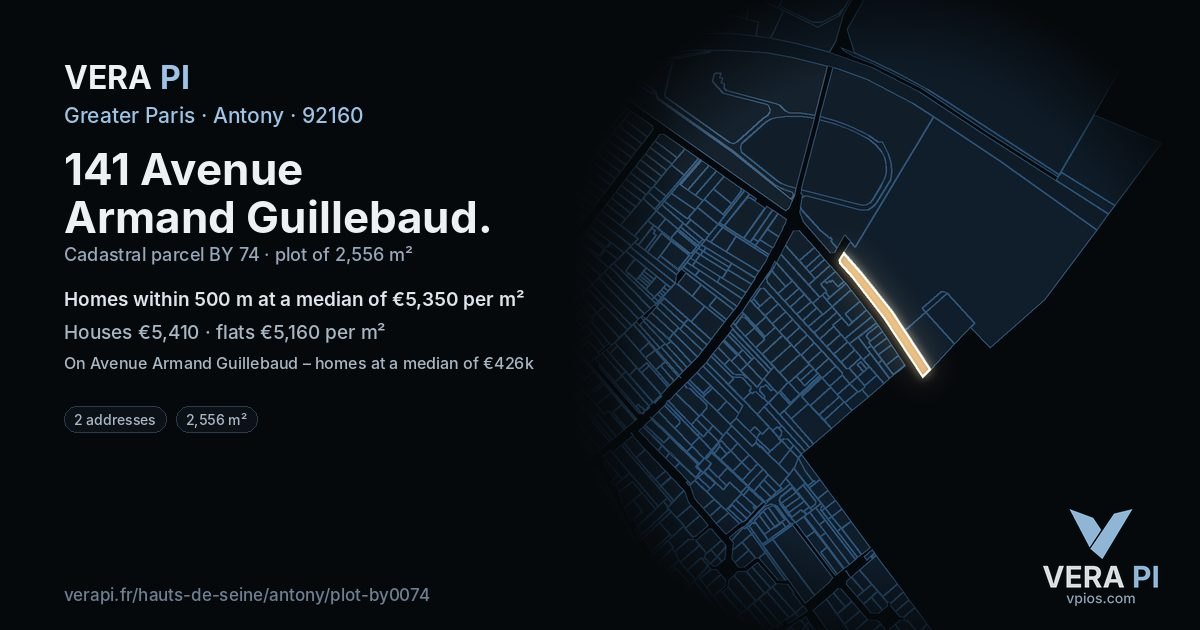 141 Avenue Armand Guillebaud, Antony at night – the plot lit, the parcels around coloured by the prices near them