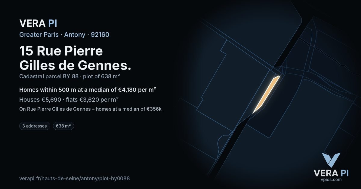 15 Rue Pierre Gilles de Gennes, Antony at night – the plot lit, the parcels around coloured by the prices near them
