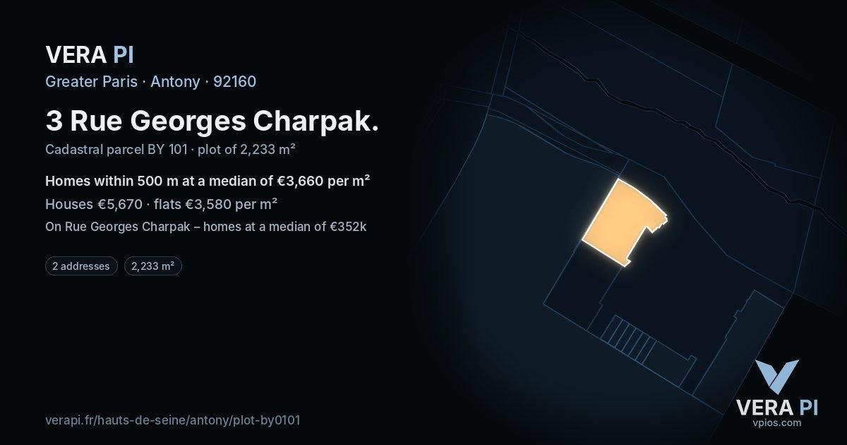 3 Rue Georges Charpak, Antony at night – the plot lit, the parcels around coloured by the prices near them