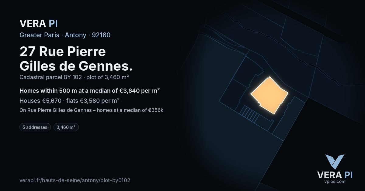 27 Rue Pierre Gilles de Gennes, Antony at night – the plot lit, the parcels around coloured by the prices near them
