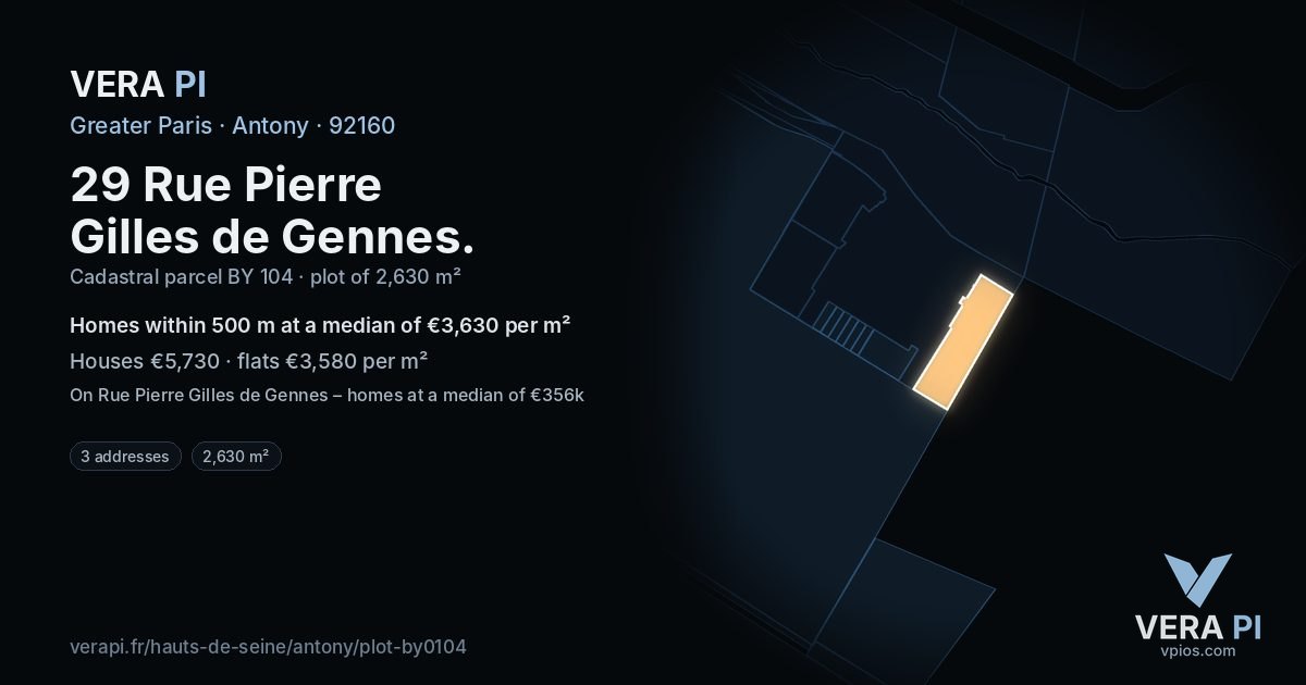 29 Rue Pierre Gilles de Gennes, Antony at night – the plot lit, the parcels around coloured by the prices near them