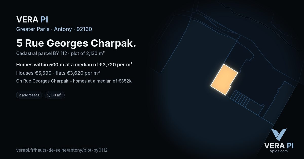5 Rue Georges Charpak, Antony at night – the plot lit, the parcels around coloured by the prices near them