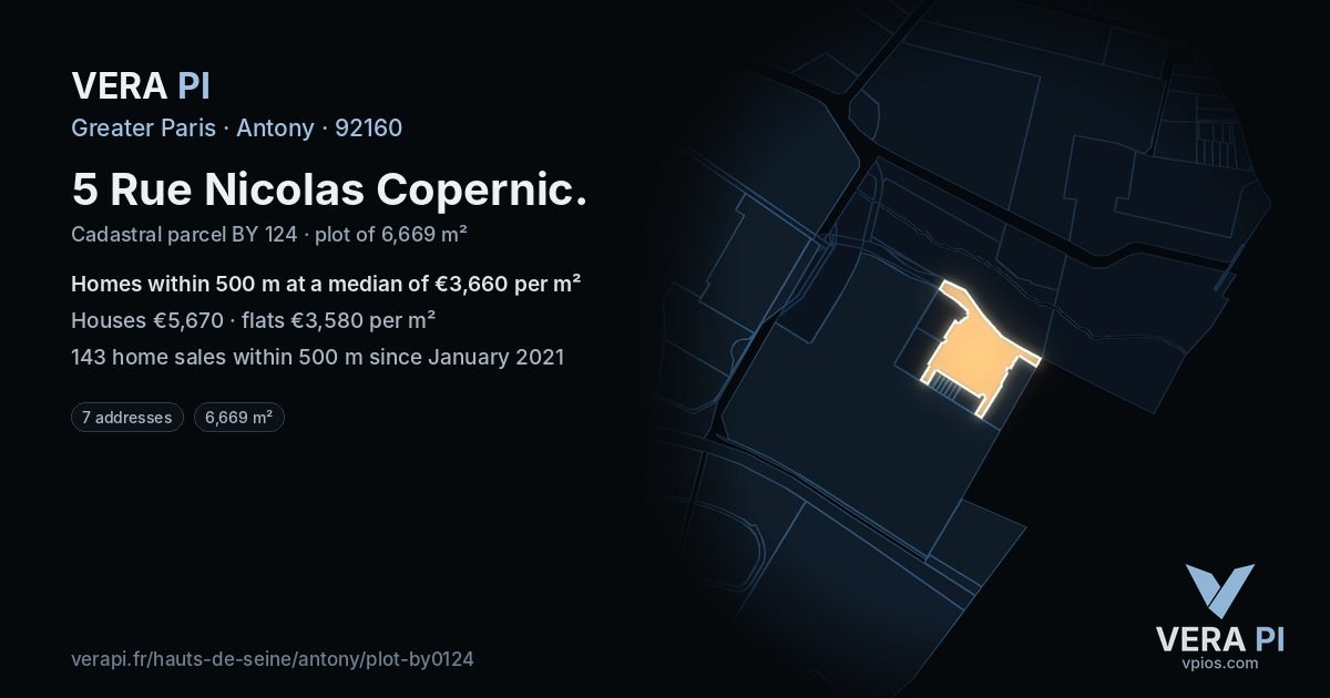 5 Rue Nicolas Copernic, Antony at night – the plot lit, the parcels around coloured by the prices near them