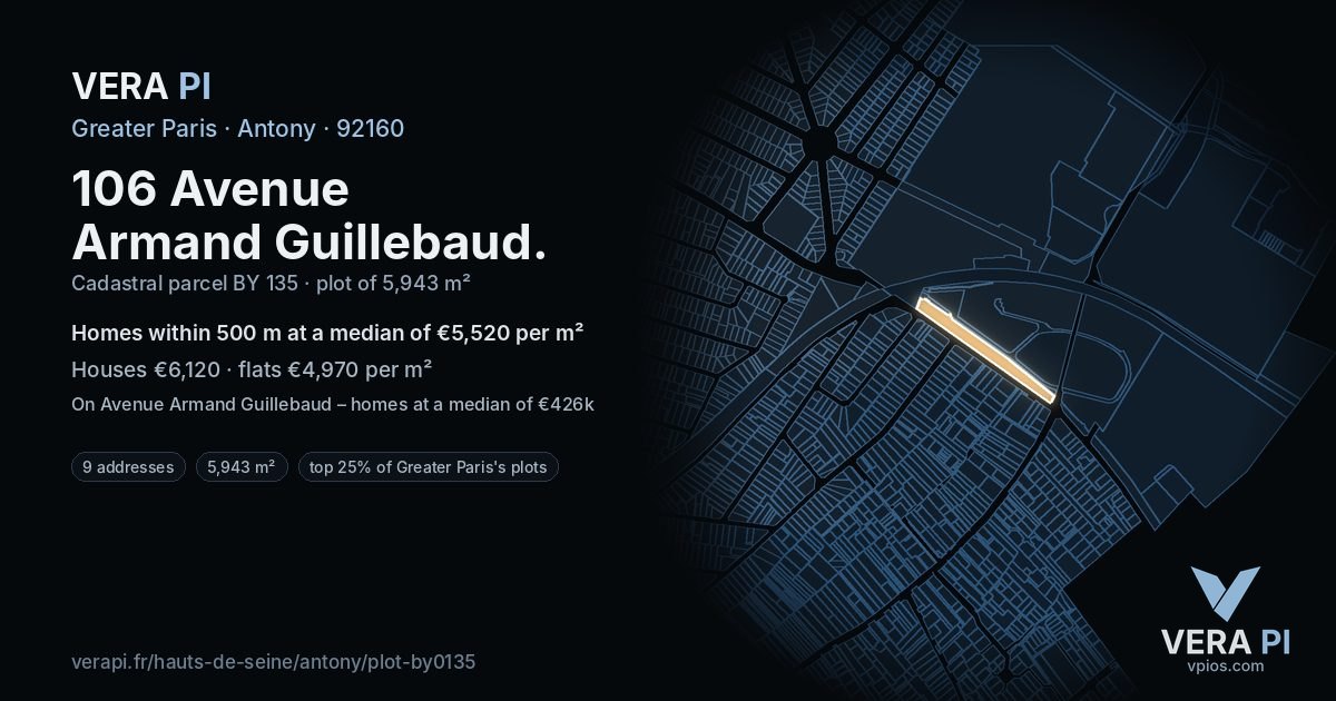 106 Avenue Armand Guillebaud, Antony at night – the plot lit, the parcels around coloured by the prices near them