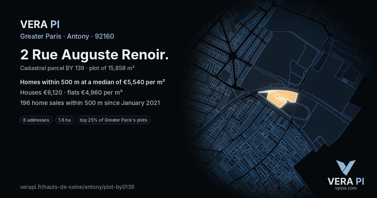 2 Rue Auguste Renoir, Antony at night – the plot lit, the parcels around coloured by the prices near them